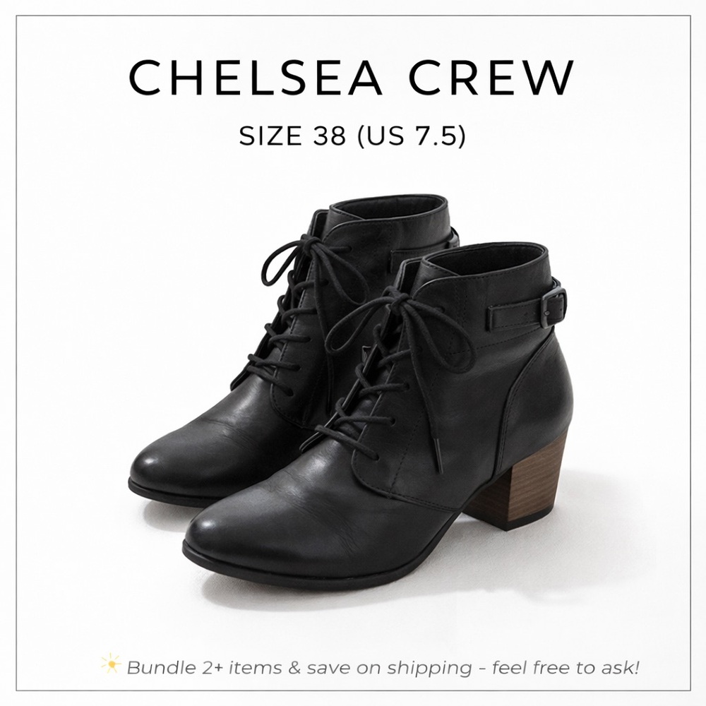 Chelsea Crew Black Lace-Up Ankle Boots Size 38 US 7.5 Block Heel Faux Leather